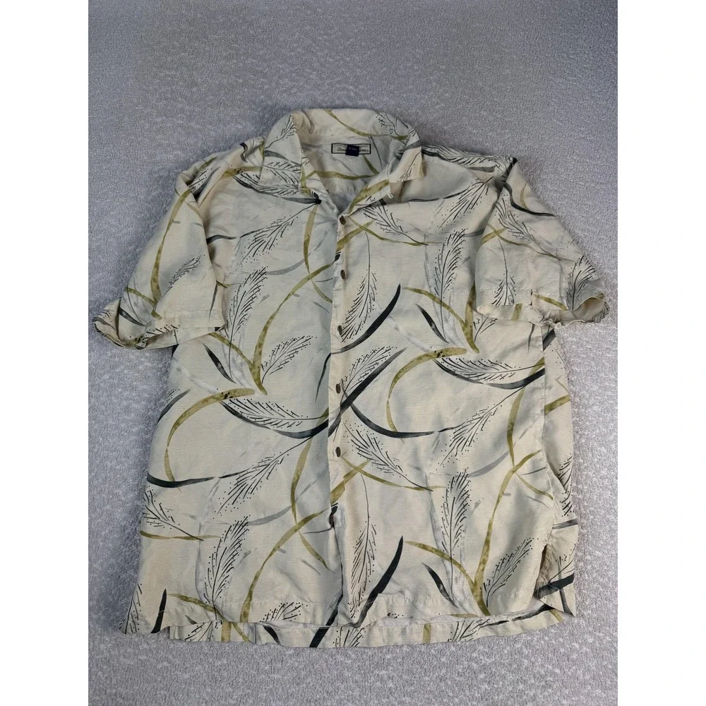 Tommy Bahama Shirt Mens Large Beige Silk Hawaiian Leaf Print Button‎ Up Camp